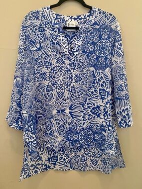 Finley Joni Popover Tunic Blue White Mandala Medallion Blouse High Low Size L